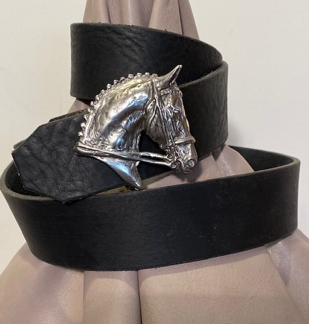 YAC Leather And Silk Black Horse Head Design Belt And Buckle 38