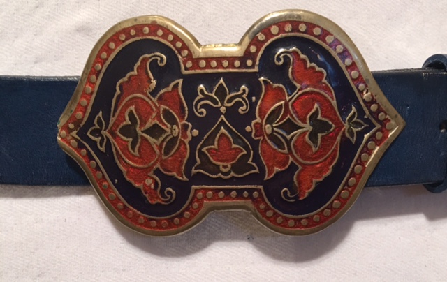 Vintage brass and enamel buckle in navy and red